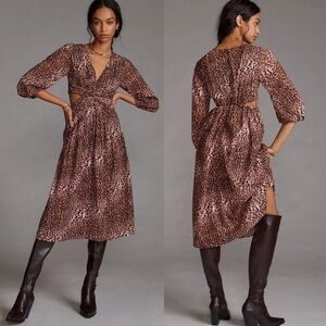 Anthropologie Ranna Gill Leopard Print Cut Out Midi Dress Sz S